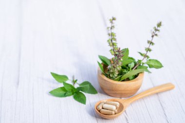 Alternatif ilaç bitkisel organik kapsül E omega 3 vitamini balık yağı, mineral, bitki yapraklı ilaç sağlıklı yaşam için doğal destek.