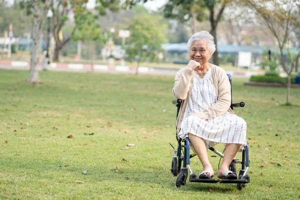Parkta tekerlekli sandalyedeki yaşlı kadın hasta Asyalı yaşlı ya da yaşlı kadın, sağlıklı güçlü tıbbi konsept.. 