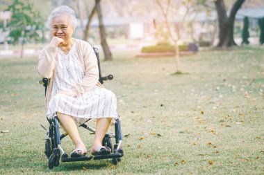 Parkta tekerlekli sandalyedeki yaşlı kadın hasta Asyalı yaşlı ya da yaşlı kadın, sağlıklı güçlü tıbbi konsept.. 