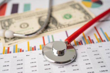 Çizelge ya da grafik kağıdı, Finansal, hesap, istatistik ve iş verileri medikal sağlık kavramı üzerine steteskop ve ABD doları banknotları.