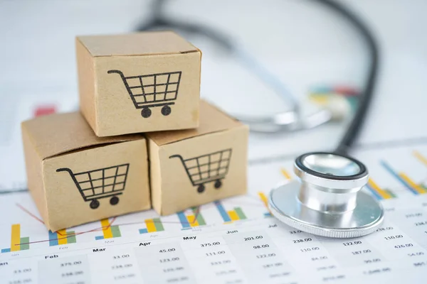 Stethoscope and shopping cart logo on box with graph background. Banking Account, Investment Analytic research data economy, trading, Business import export transportation online company concept.