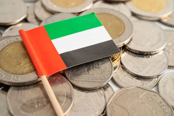 배경에는 아랍에미리트 국기가 새겨진 동전들이 배경에 — 스톡 사진