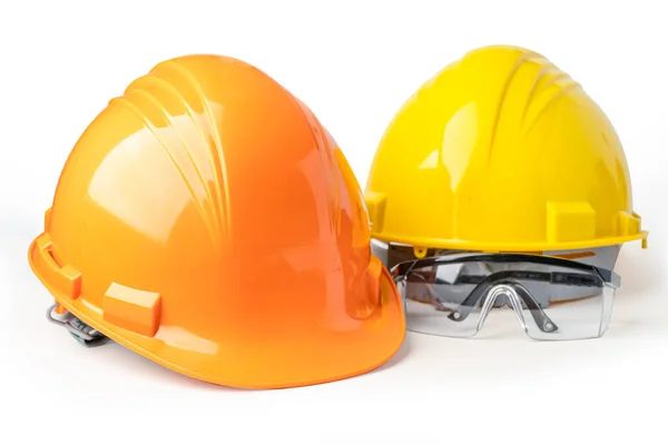 Casco Construcción Amarillo Naranja Gafas Seguridad Lupa Aisladas Sobre Fondo — Foto de Stock