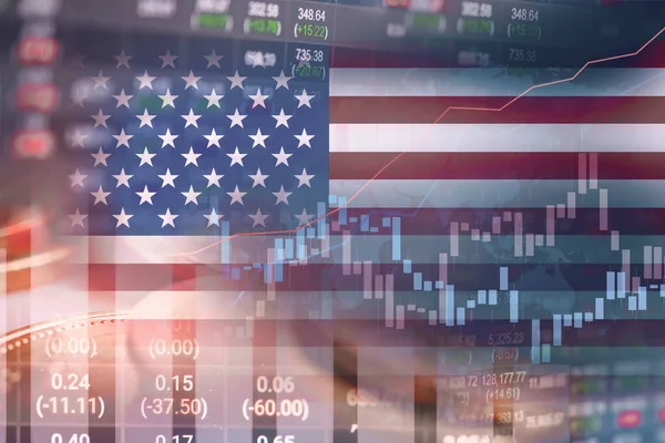 Χρηματιστηριακή Αγορά Επενδύσεων Εμπορικών Χρηματοπιστωτικών Κέρμα Και Αμερική Ηπα Σημαία — Φωτογραφία Αρχείου
