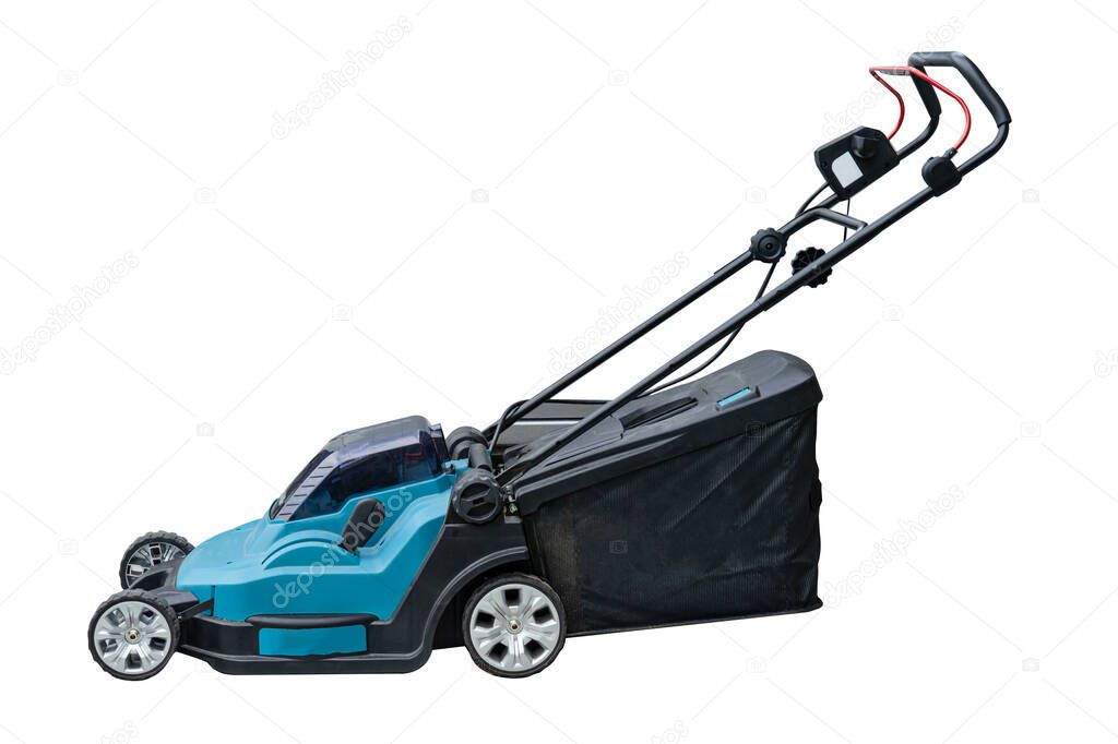 Lawn mover machine cut green grass isolated on white background, Hobby planting home garden