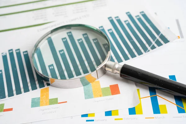 Grafik kağıdındaki büyüteç. Finansal kalkınma, Bankacılık Hesabı, İstatistik, Yatırım Analitik Araştırma Veri Ekonomisi, Borsa Ticareti, İşletme Bürosu toplantısı Konsepti.