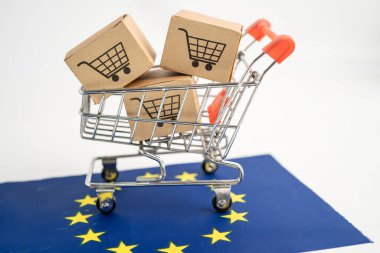 Alışveriş arabası logosu ve Arjantin bayrağı olan kutu, İthalat İhracat Alışveriş çevrimiçi veya eCommerce finans dağıtım mağazası dağıtım hizmetleri nakliyat, ticaret, tedarikçi kavramı.