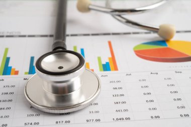Hesap tablosu ve grafik kağıdına steteskop, Maliye, Hesap, İstatistikler, Yatırım, Analitik araştırma veri ekonomisi ve İş dünyası.