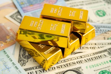 ABD doları ve Euro banknotu üzerine altın külçesi, ekonomi finansmanı ticaret yatırımı.