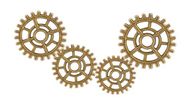 Dişliler ve dişliler beyaz arka planda izole edilmiş, saat mekanizması, pirinç metal motor endüstrisi.
