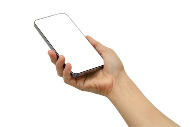 Asyalı kadın eli ile beyaz ekranlı mobil akıllı telefon beyaz arka planda kırpma yolu ile izole iletişim için.