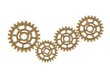 Dişliler ve dişliler beyaz arka planda izole edilmiş, saat mekanizması, pirinç metal motor endüstrisi.