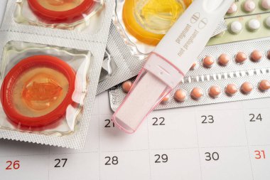 Hamilelik testi ve doğum kontrol hapları takvim, doğum kontrol ve ilaç üzerinde.