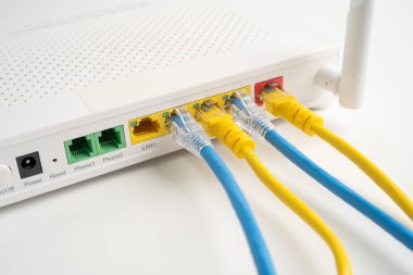 İnternet servis sağlayıcısına kablosuz yönlendirici bağlı ethernet kablosu.