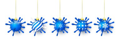 Mavi parlayan Noel topu, kırmızı yaylı virüs birimi gibi. Xmas cam top. Tatil dekorasyon şablonu. Vektör illüstrasyonu.