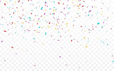 Renkli konfeti. Kutlama karnavalı parlayan parlak konfetileri düşürüyor. Lüks tebrik kartı. Vektör illüstrasyonu.