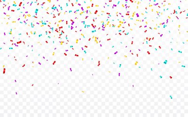 Renkli konfeti. Kutlama karnavalı parlayan parlak konfetileri düşürüyor. Lüks tebrik kartı. Vektör illüstrasyonu.