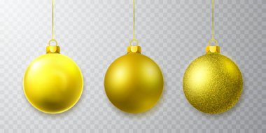 Parlayan altın parıltılı Noel balosu. Xmas cam top. Tatil dekorasyon şablonu. Vektör illüstrasyonu.