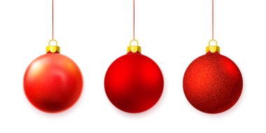 Parlayan parlak kırmızı Noel topları. Xmas cam top. Tatil dekorasyon şablonu. Vektör illüstrasyonu.