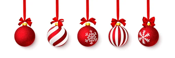 Rot Glänzende Glitzernde Weihnachtskugel Mit Roter Schleife Weihnachtsglaskugel Vorlage Für — Stockvektor