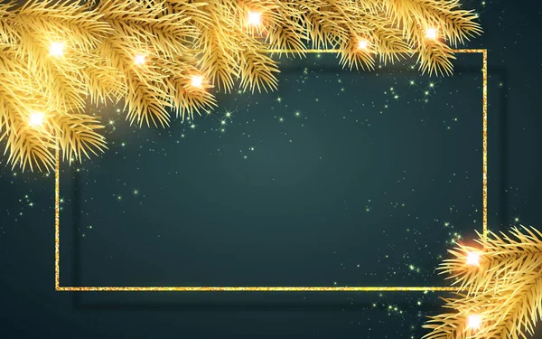 Noel altın ladin dalları. Gölgeli, pırıl pırıl, parlak, kaliteli bir çerçeve. Vektör illüstrasyonu.