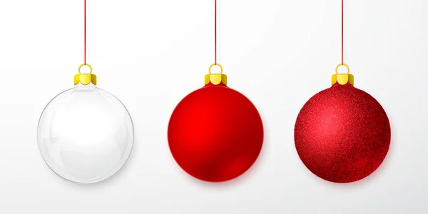 Piros Fényes Csillogó Átlátszó Karácsonyi Labdák Karácsonyi Üveggolyó Ünnepi Dekoráció — Stock Vector