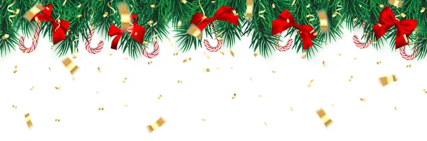 Festliche Weihnachten Oder Neujahr Hintergrund Weihnachtsbaumzweige Mit Zuckerrohr Und Roter — Stockvektor