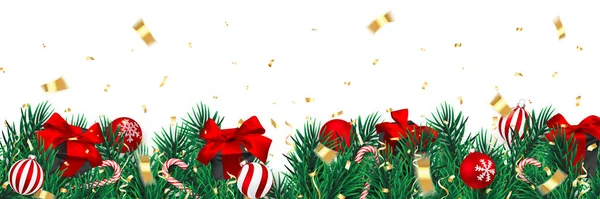 Festliche Weihnachten Oder Neujahr Hintergrund Weihnachtsbaumzweige Mit Konfetti Und Weihnachtsgeschenk — Stockvektor