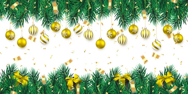 Festliche Weihnachten Oder Neujahr Hintergrund Weihnachtsbaumzweige Und Goldene Weihnachtskugel Vektorillustration — Stockvektor