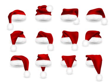Kırmızı Noel Baba şapkalarından oluşan gerçekçi bir set beyaz arka planda izole edilmiş. Gradyan Noel Baba şapkası kürklü. Vektör illüstrasyonu.