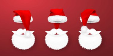 Kırmızı Noel Baba şapkası ve kırmızı arka planda Noel Baba sakalı. Vektör illüstrasyonu.