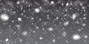 Noel karı. Şeffaf arkaplanda düşen kar taneleri. Kar yağışı. Vektör illüstrasyonu.