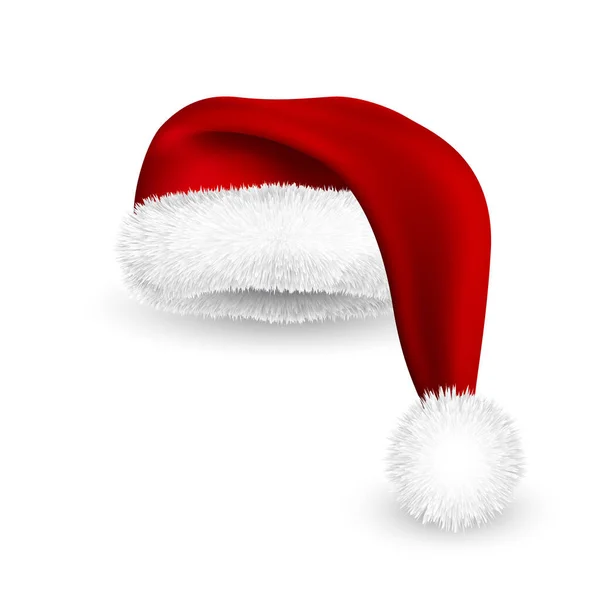 现实的红色圣诞老人帽 白色背景隔离 光滑的网状圣诞老人帽 毛皮的 矢量说明 — 图库矢量图片