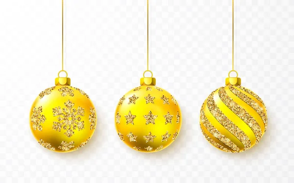 Gouden Glanzende Glitter Gloeiende Kerstballen Kerstglazen Bol Transparante Ondergrond Vakantie — Stockvector