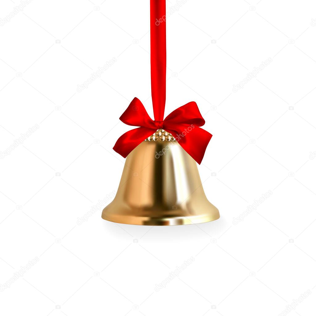 Jingle bell. Winter gold bell with red bow. Merry christmas and happy new year decoration element. Vector illustration.