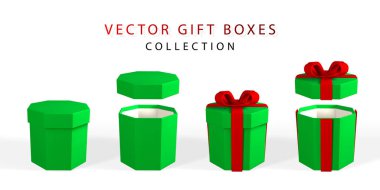 3D görüntüleme ve fiyonklu gerçekçi hediye kutusu çizimi. Beyaz arka planda gölgesi olan karton kutu. Vektör illüstrasyonu.