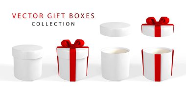 3D görüntüleme ve fiyonklu gerçekçi hediye kutusu çizimi. Beyaz arka planda gölgesi olan karton kutu. Vektör illüstrasyonu.