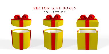 3D görüntüleme ve fiyonklu gerçekçi hediye kutusu çizimi. Beyaz arka planda gölgesi olan karton kutu. Vektör illüstrasyonu.