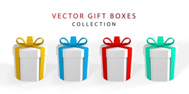 3D görüntüleme ve fiyonklu gerçekçi hediye kutusu çizimi. Beyaz arka planda gölgesi olan karton kutu. Vektör illüstrasyonu.