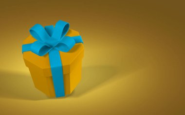Fiyonklu 3D gerçekçi hediye kutusu. Sarı arka planda gölgesi olan karton kutu. Vektör illüstrasyonu.