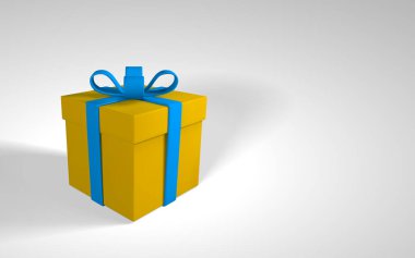 3D görüntüleme ve fiyonklu gerçekçi hediye kutusu çizimi. Beyaz arka planda gölgesi olan karton kutu. Vektör illüstrasyonu.