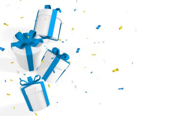 3D gerçekçi kağıt beyaz hediye kutuları mavi kurdeleli ve fiyonklu. Kağıt kutular beyaz arka planda konfetilerle birlikte düşüyor. Vektör illüstrasyonu.