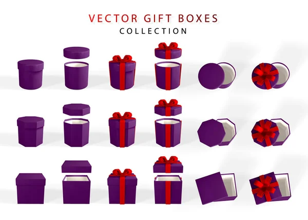 Render Realistic Set Gift Boxes Red Bow Paper Box Red — Stock Vector