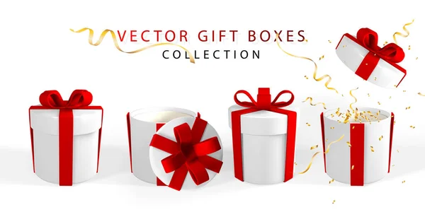 Render Realistic Gift Box Red Bow Paper Box Red Ribbon — Stock Vector