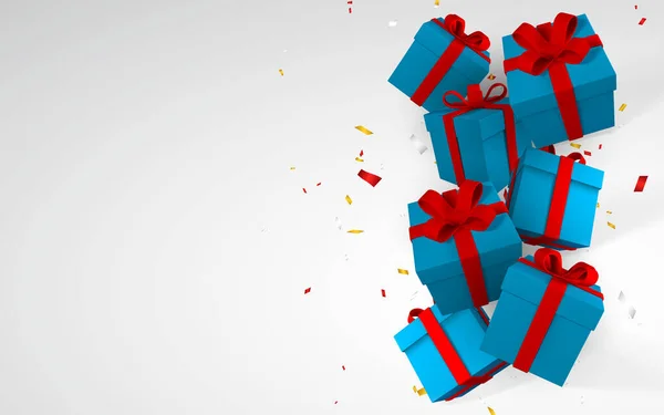 3D逼真的纸蓝色礼品盒 带有红丝带和蝴蝶结 纸盒掉在白色的背景上 上面有意大利面 矢量说明 — 图库矢量图片