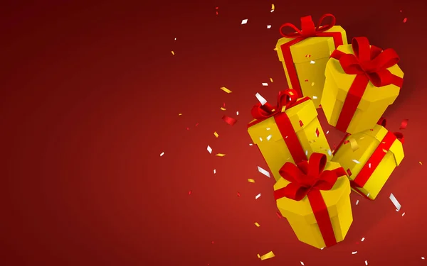 Реалистичные Бумажные Желтые Подарочные Коробки Красной Лентой Луком Бумажные Коробки — стоковый вектор