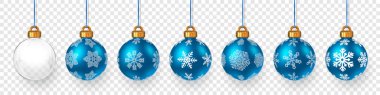 Beyaz kar tanesi desenli mavi Noel süsleri şeffaf arkaplanda asılı. Gerçekçi Bayram Dekorasyon Baloları. Kış Yılbaşı Tasarımı. Vektör İllüstrasyonu.