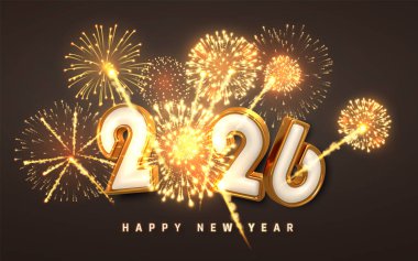 Koyu Arkaplanda Havai fişek Patlaması Olan Altın 2026 Numara. Tatil ya da Parti Posterleri için Lüks Yeni Yıl Kutlama Tasarımı. Parlak Şenlik Dekorasyonu. Vektör İllüstrasyonu.