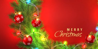 Kırmızı Arkaplanda Kırmızı Işıklar, Kırmızı Dallar ve Kırmızı Mücevherler ile Noel Arkaplanı. Mutlu Noel Mesajlı Şenlikli Tatil Tasarımı. Vektör İllüstrasyonu.