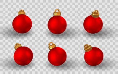 Kırmızı Noel Balosu, şeffaf arkaplanda altın tepsilerle süslenir. Tatil, Kış ve Yeni Yıl Tasarımları için gerçekçi bir dekor. Vektör İllüstrasyonu.